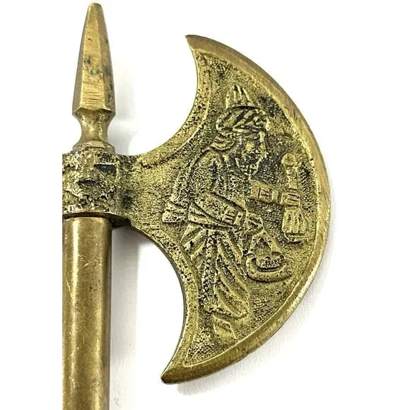Vintage Brass Medieval Decorative Poleaxe Knight Engraved Axe Halberd 14” - Picture 8 of 8